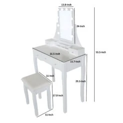 32 Inch 3 Piece Vanity Desk Set With LED Lights, 5 Drawers, Cushioned Stool, White Solid Wood-Benzara -Home Furniture Shop 010dc0fe714f4e53aeb7c61068eb14fb