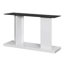 Liam 47 Inch Sofa Console Table, White Wood, Pedestal Base, Black Glass Top-Benzara