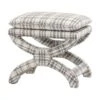 Elly 23 Inch Plaid Plush Fabric Ottoman, Curved X Frame, Gray, White-Benzara -Home Furniture Shop 06490f283f0f4d7ea5c4e2342151847a