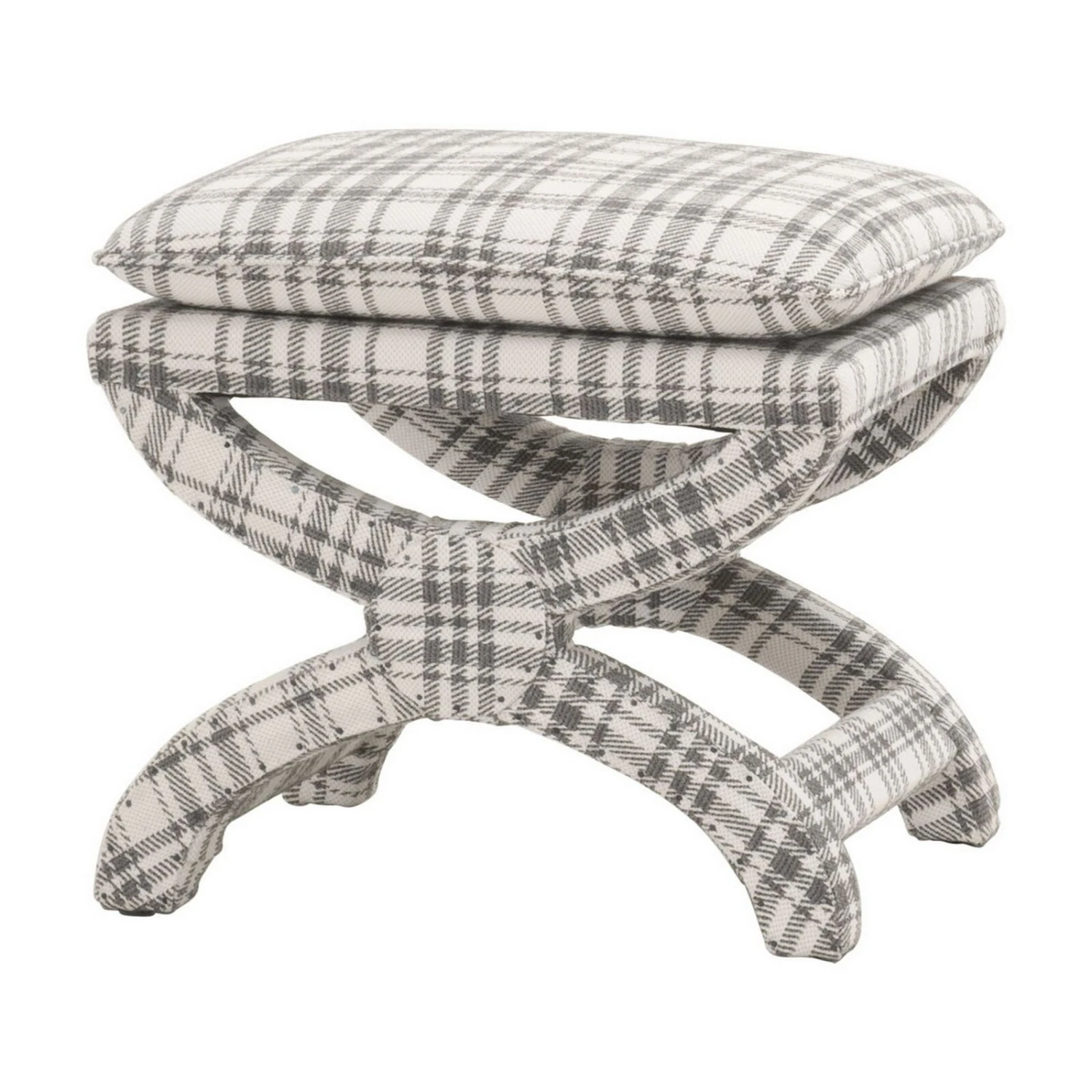 Elly 23 Inch Plaid Plush Fabric Ottoman, Curved X Frame, Gray, White-Benzara 3 Elly 23 Inch Plaid Plush Fabric Ottoman, Curved X Frame, Gray, White-Benzara