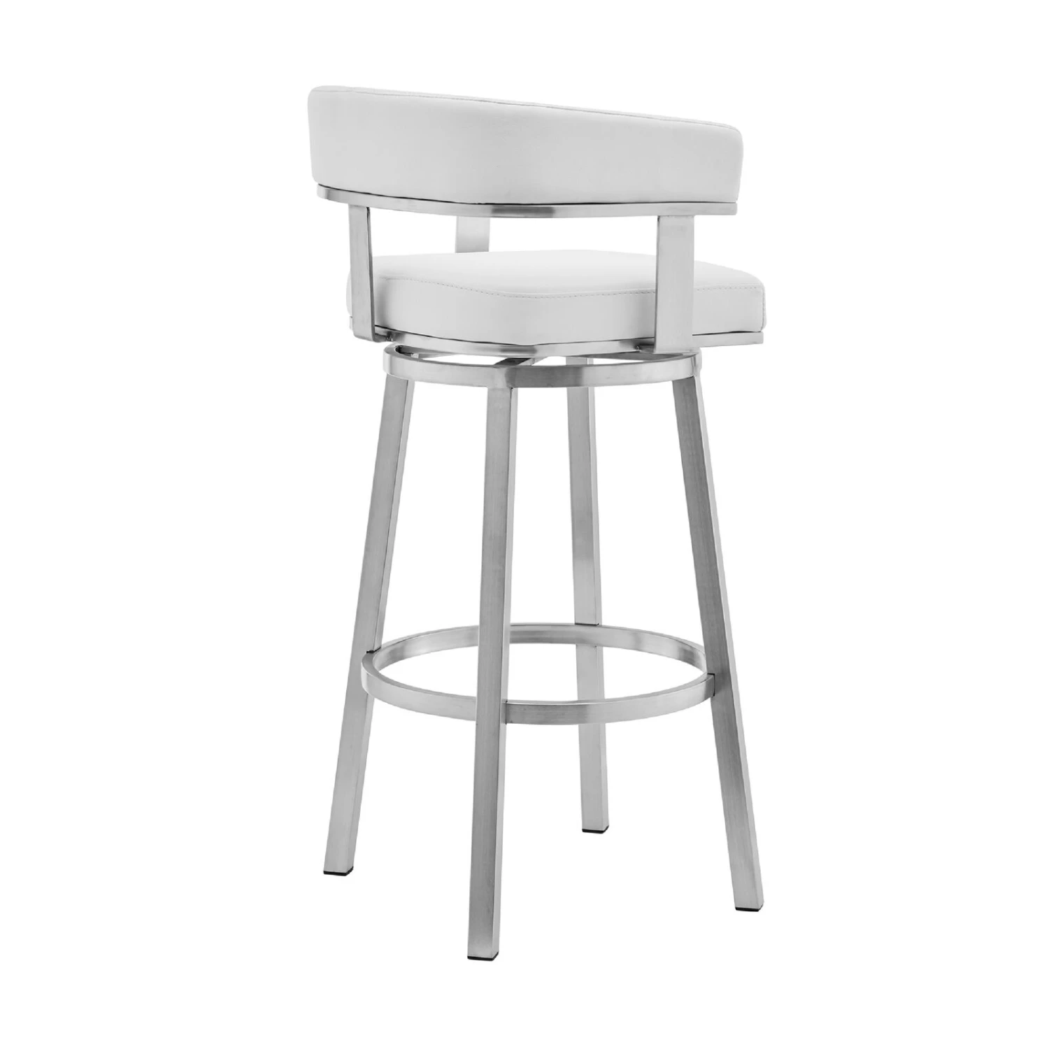 Swivel Barstool With Open Curved Back And Metal Legs, White And Silver-Benzara 4 Swivel Barstool With Open Curved Back And Metal Legs, White And Silver-Benzara - Image 2