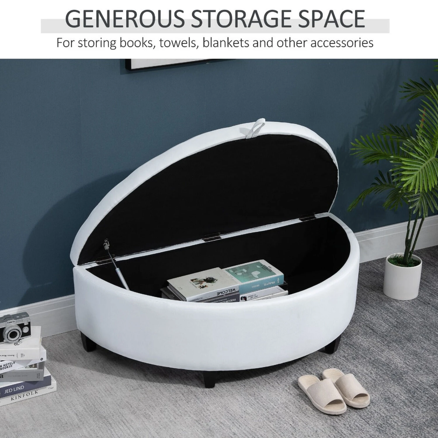 Half Moon Modern Luxurious Polyester Fabric Storage Ottoman Bench With Legs Lift Lid Thick Sponge Pad For Living Room, White 6 Half Moon Modern Luxurious Polyester Fabric Storage Ottoman Bench With Legs Lift Lid Thick Sponge Pad For Living Room, White - Image 4