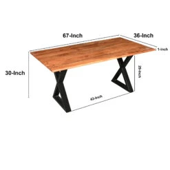 67 Inch Rectangular Dining Table With Crossed Black Metal Legs And Natural Brown Faux Live Edge Acacia Wood Top-Benzara -Home Furniture Shop 07284a14eb07489bbad5b820fe56aa34
