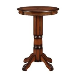 Ava 42 Inch Wood Pub Bar Table, Sunburst Design, Carved Pedestal, Brown-Benzara