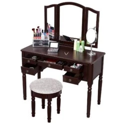 43 Inch 3 Piece Vanity Desk Set With Elegant Trifold Mirror And A Cushioned Stool, Espresso Brown Solid Wood-Benzara -Home Furniture Shop 0783b105781a41949375bfda52c6e501