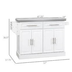 White Rolling Kitchen Island With Storage, Portable Kitchen Cart With Stainless Steel Top, 2 Drawers, Spice, Knife And Towel Rack -Home Furniture Shop 07cf1e8eab0b4a61afd9851b14825148