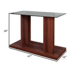 Liam 47 Inch Sofa Console Table, Brown Wood, Pedestal Base, Black Glass Top-Benzara -Home Furniture Shop 08598ac06957400b9e59f7ea08ddf1c4