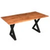 67 Inch Rectangular Dining Table With Crossed Black Metal Legs And Natural Brown Faux Live Edge Acacia Wood Top-Benzara