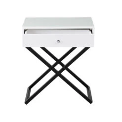 Koda White Wooden End Side Table Nightstand With Glass Top, Drawer And Metal Cross Base -Home Furniture Shop 0a14fc58662c43469f5783d45a8de3b0