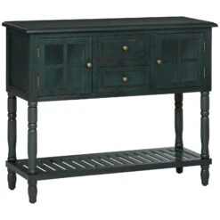 Vintage Console Table With 2 Drawers And Cabinets, Retro Sofa Table For Entryway, Living Room And Hallway, Vintage Blue