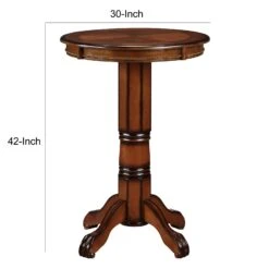 Ava 42 Inch Wood Pub Bar Table, Sunburst Design, Carved Pedestal, Brown-Benzara -Home Furniture Shop 0c19ea7b4e58401fa7dc073f80a9824f
