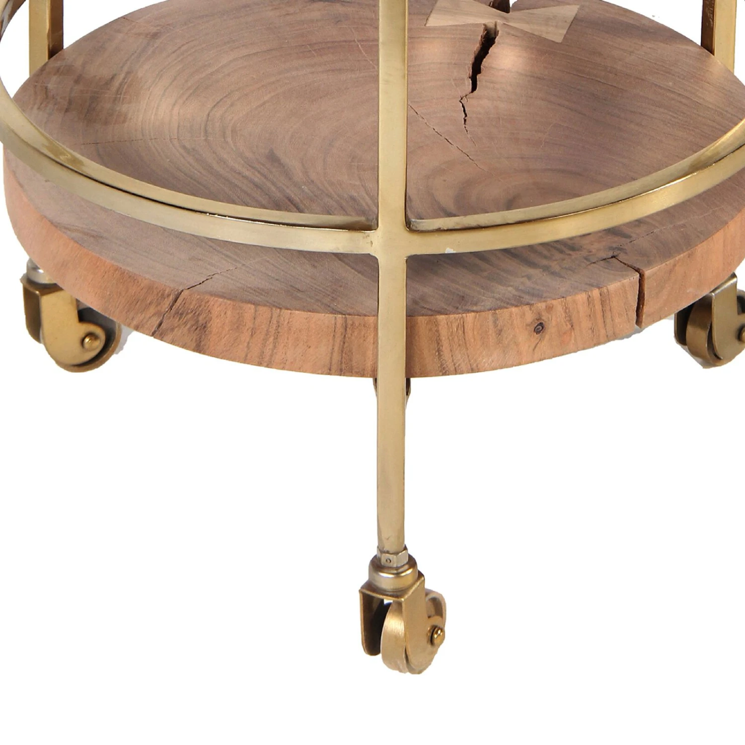 34 Inch 2 Tier Industrial Style Tea And Bar Cart, Live Edge Mango Wood Shelves, Metal Frame, Brown, Brass-Benzara 9 34 Inch 2 Tier Industrial Style Tea And Bar Cart, Live Edge Mango Wood Shelves, Metal Frame, Brown, Brass-Benzara - Image 7