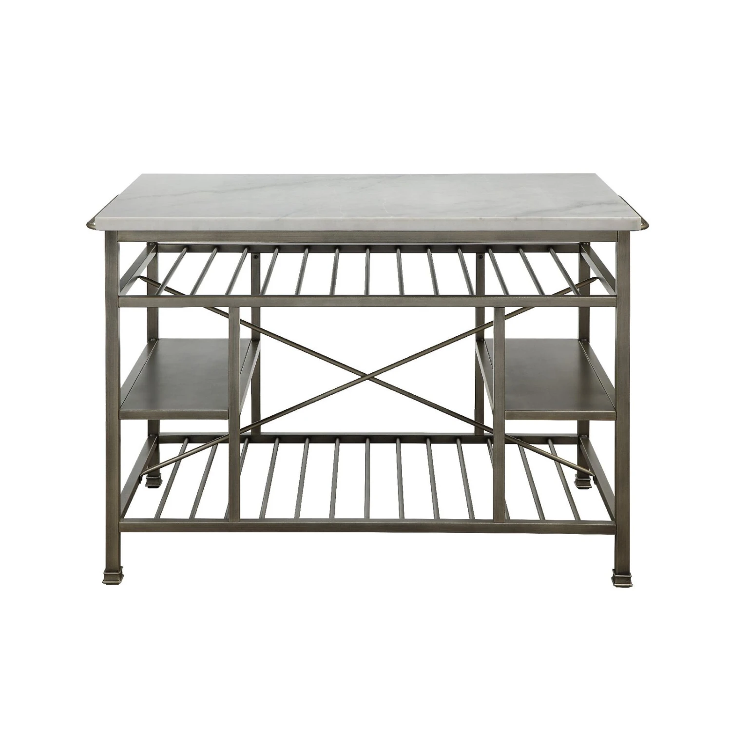 Marble Top Metal Kitchen Island With 2 Slated Shelves, Gray And White-Benzara 4 Marble Top Metal Kitchen Island With 2 Slated Shelves, Gray And White-Benzara - Image 2