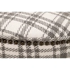 Elly 20 Inch Plaid Fabric Ottoman, Round, Nailhead Accents, Gray, White-Benzara -Home Furniture Shop 0d39d0e44fee4e1996ec3101c9f7f30d