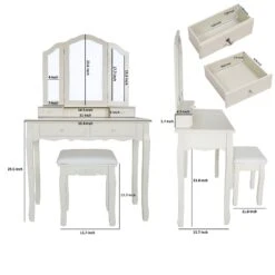 35 Inch 3 Piece Vanity Desk Set With Cushioned Stool And Elegant Trifold Mirror, 4 Drawers, Off White Solid Wood-Benzara 14 35 Inch 3 Piece Vanity Desk Set With Cushioned Stool And Elegant Trifold Mirror, 4 Drawers, Off White Solid Wood-Benzara -Home Furniture Shop 1027767fe4194888be7c92e181dc7568