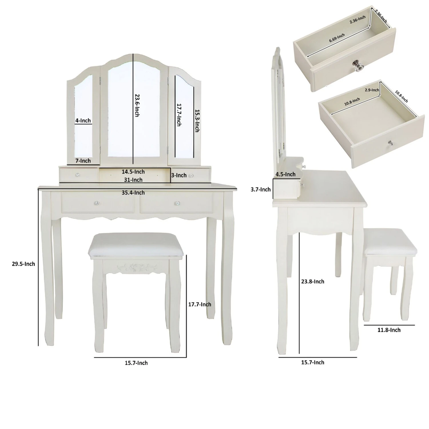 35 Inch 3 Piece Vanity Desk Set With Cushioned Stool And Elegant Trifold Mirror, 4 Drawers, Off White Solid Wood-Benzara 5 35 Inch 3 Piece Vanity Desk Set With Cushioned Stool And Elegant Trifold Mirror, 4 Drawers, Off White Solid Wood-Benzara - Image 3