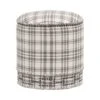 Elly 20 Inch Plaid Fabric Ottoman, Round, Nailhead Accents, Gray, White-Benzara -Home Furniture Shop 12b0471eeb804b568362c105e5870f6e