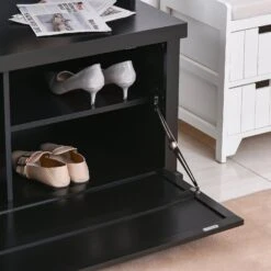 Hall Coat And Shoe Storage Hall Cabinet With Top And Bottom Storage Metal Double Hooks And Bench Black -Home Furniture Shop 154c88d7f6c74f1b85a5e324aea25215