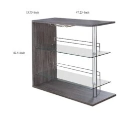 Radiant Rectangular Bar Table With 2 Shelves And Wine Holder, Gray-Benzara -Home Furniture Shop 1553046e610f4587b8d7f7fcbd9bea2b