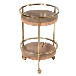 34 Inch 2 Tier Industrial Style Tea And Bar Cart, Live Edge Mango Wood Shelves, Metal Frame, Brown, Brass-Benzara