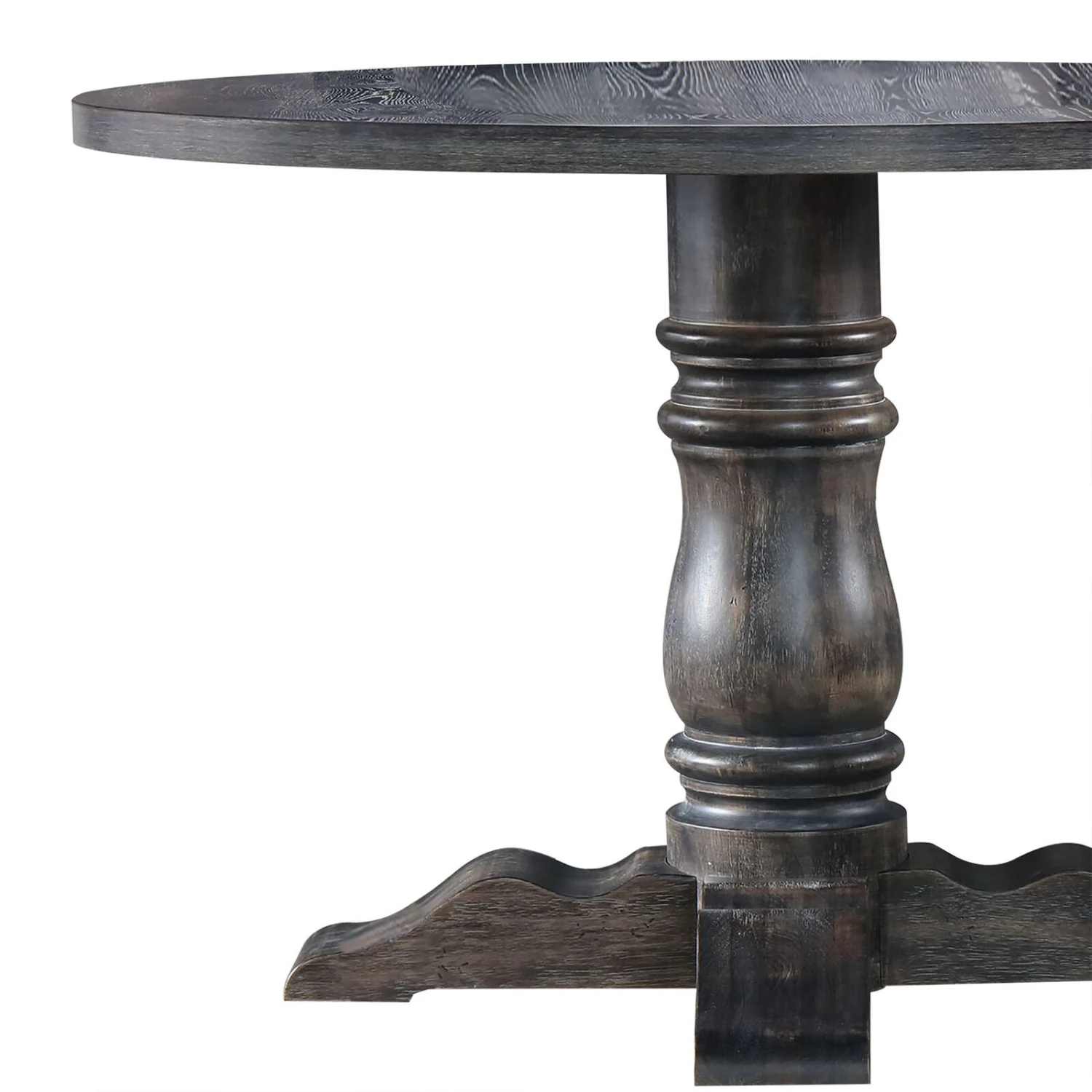 Wooden Round Dining Table With Heavy Pedestal Feet, Weathered Gray-Benzara 4 Wooden Round Dining Table With Heavy Pedestal Feet, Weathered Gray-Benzara - Image 2