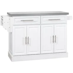 White Rolling Kitchen Island With Storage, Portable Kitchen Cart With Stainless Steel Top, 2 Drawers, Spice, Knife And Towel Rack