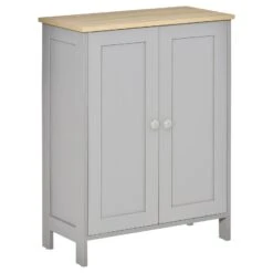 Storage Cabinet, Double Door Cupboard With 2 Adjustable Shelves, For Living Room, Bedroom, Or Hallway, Grey