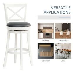 Traditional Bar Stool, 31 Inch Seat Height Barstool, Swivel PU Leather Upholstered Chair, With Cross Back And Rubberwood Frame, Set Of 3, Cream White -Home Furniture Shop 1992464956b34b35922de8f1e527b380