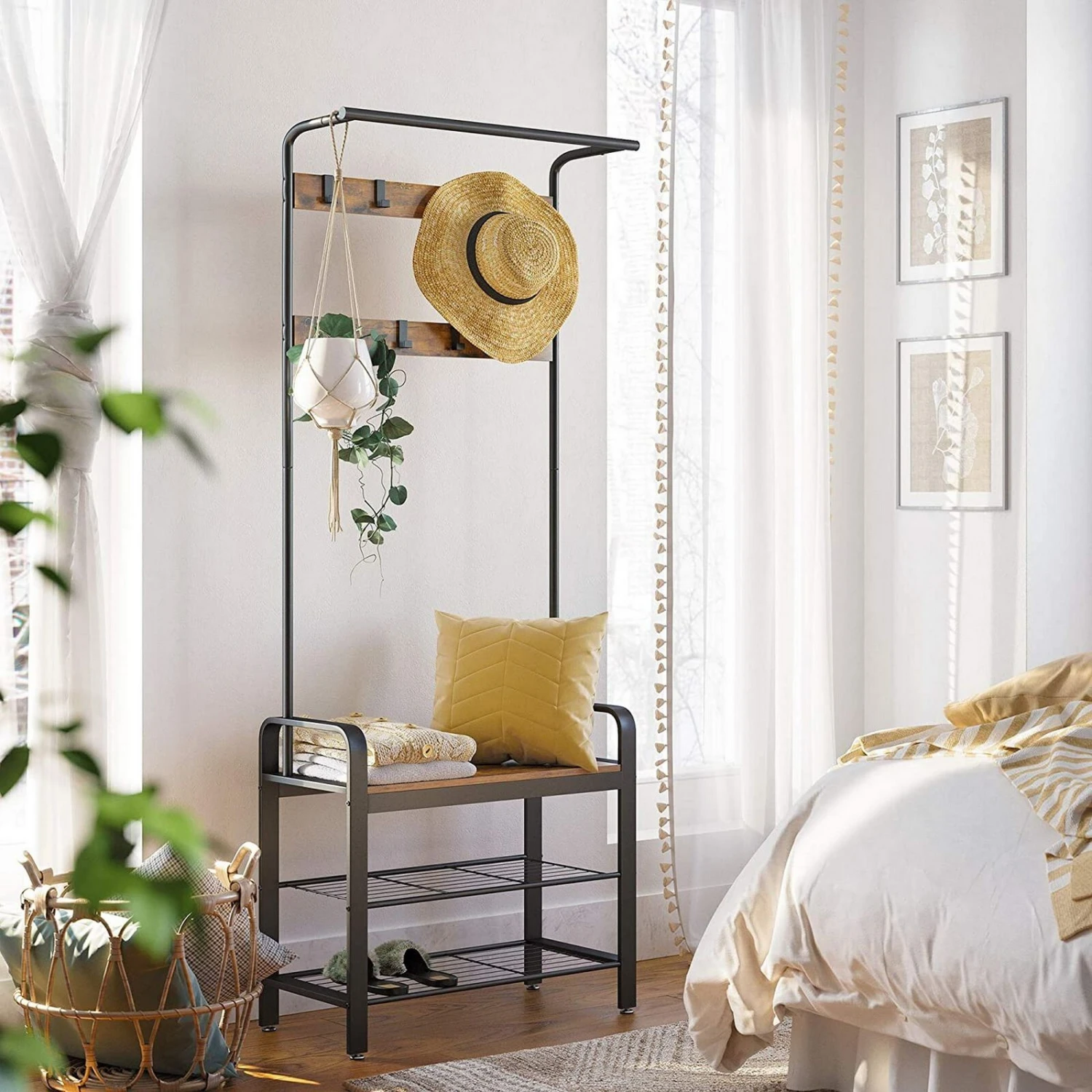 72 Inch Industrial Metal Framed Coat Rack, 9 Hooks, 2 Storage Shelves, Rustic Brown, Black-Benzara 4 72 Inch Industrial Metal Framed Coat Rack, 9 Hooks, 2 Storage Shelves, Rustic Brown, Black-Benzara - Image 2