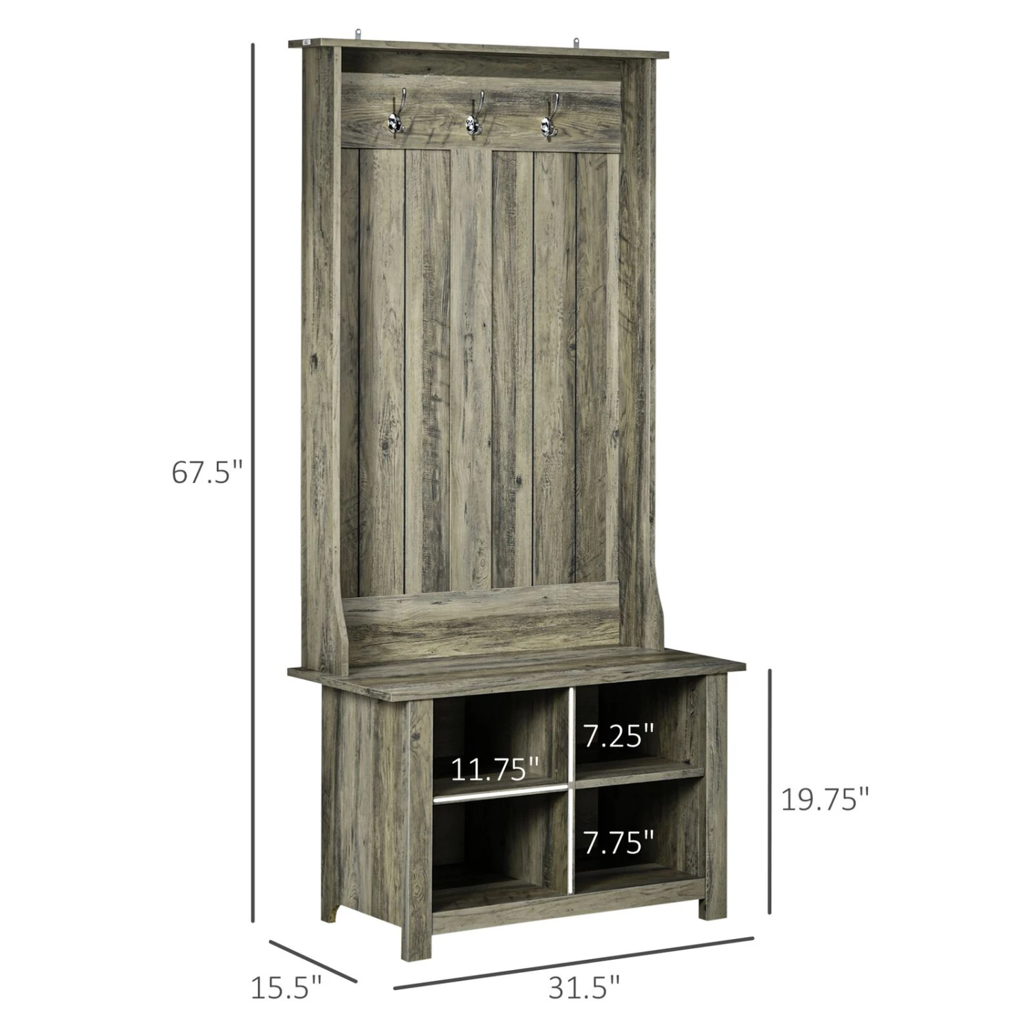 Classic Hall Tree, Accent Coat Tree With Shoe Storage Bench, Adjustable Shelves, 31.5" X 15.5" X 67.5", Grey 5 Classic Hall Tree, Accent Coat Tree With Shoe Storage Bench, Adjustable Shelves, 31.5" X 15.5" X 67.5", Grey - Image 3