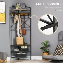Industrial Corner Hall Tree With Shoe Bench, Entryway Coat Rack, Freestanding Coat Tree With 6 Double Hooks, Rustic Brown -Home Furniture Shop 1e904523151f49b8bbe65061a992edc7