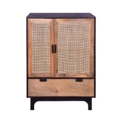 42 Inch Mango Wood Armoire Storage Cabinet, 2 Cane Rattan Woven Doors, 1 Drawer, Brown, Black-Benzara 14 42 Inch Mango Wood Armoire Storage Cabinet, 2 Cane Rattan Woven Doors, 1 Drawer, Brown, Black-Benzara -Home Furniture Shop 21a03bc6c8014958999777b2a61e3b85