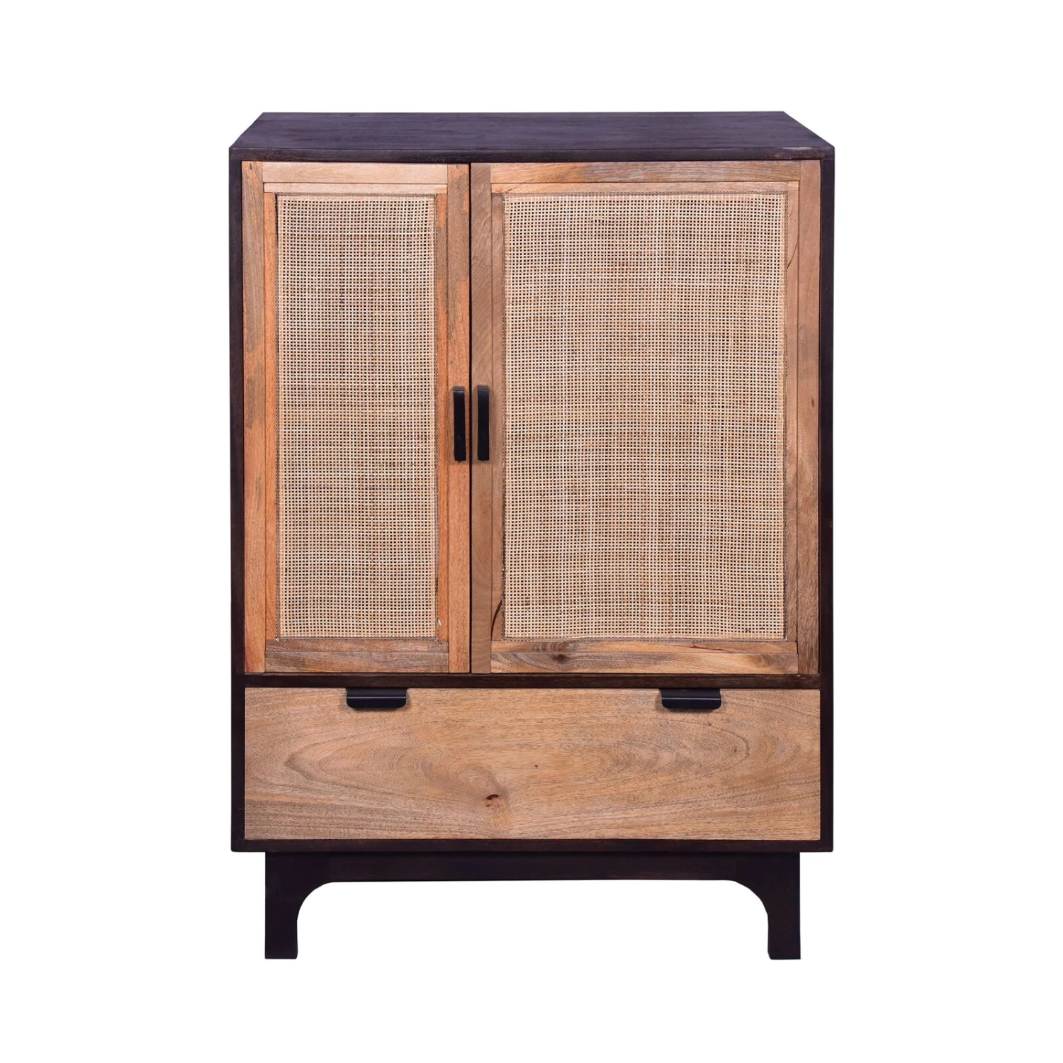 42 Inch Mango Wood Armoire Storage Cabinet, 2 Cane Rattan Woven Doors, 1 Drawer, Brown, Black-Benzara 5 42 Inch Mango Wood Armoire Storage Cabinet, 2 Cane Rattan Woven Doors, 1 Drawer, Brown, Black-Benzara - Image 3