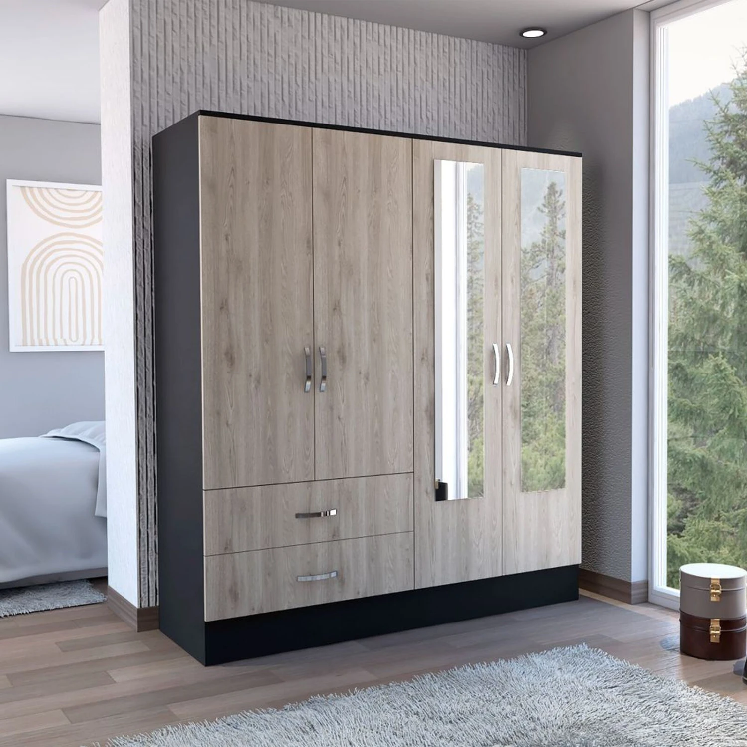 DEPOT E-SHOP Gangi 160 Armoire, Double Door Cabinet , Two Mirrors, Metal Hardware, Two Drawers, Rod, Six Shelves, Black / Light Gray 4 DEPOT E-SHOP Gangi 160 Armoire, Double Door Cabinet , Two Mirrors, Metal Hardware, Two Drawers, Rod, Six Shelves, Black / Light Gray - Image 2