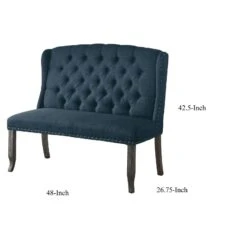 48 Inch Classic Loveseat Bench, 2 Seater, Linen, Tufted, Nailhead, Blue-Benzara -Home Furniture Shop 22aecaafeae945e7b263f9a346d82a19