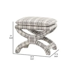 Elly 23 Inch Plaid Plush Fabric Ottoman, Curved X Frame, Gray, White-Benzara 11 Elly 23 Inch Plaid Plush Fabric Ottoman, Curved X Frame, Gray, White-Benzara -Home Furniture Shop 22c4333e1576484482954b4cff913482