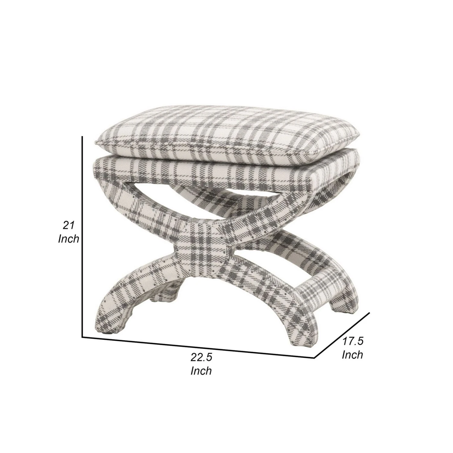 Elly 23 Inch Plaid Plush Fabric Ottoman, Curved X Frame, Gray, White-Benzara 7 Elly 23 Inch Plaid Plush Fabric Ottoman, Curved X Frame, Gray, White-Benzara - Image 5