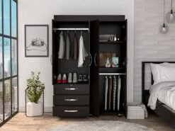 DEPOT E-SHOP Hamilton Mobile Armoire, Double Door Cabinet, Three Drawers, Rods, Two Shelves, Black -Home Furniture Shop 24631ae77f2249688b4442fef2ad41d9