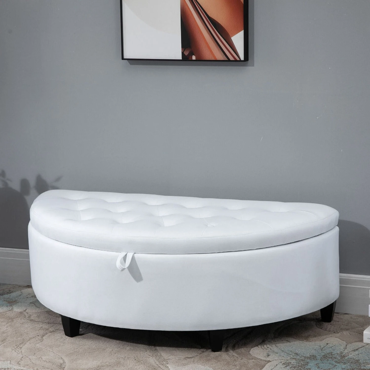 Half Moon Modern Luxurious Polyester Fabric Storage Ottoman Bench With Legs Lift Lid Thick Sponge Pad For Living Room, White 4 Half Moon Modern Luxurious Polyester Fabric Storage Ottoman Bench With Legs Lift Lid Thick Sponge Pad For Living Room, White - Image 2