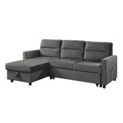 Ami 82 Inch Reversible Sleeper Sectional Sofa, Side Pocket, Gray Velvet-Benzara
