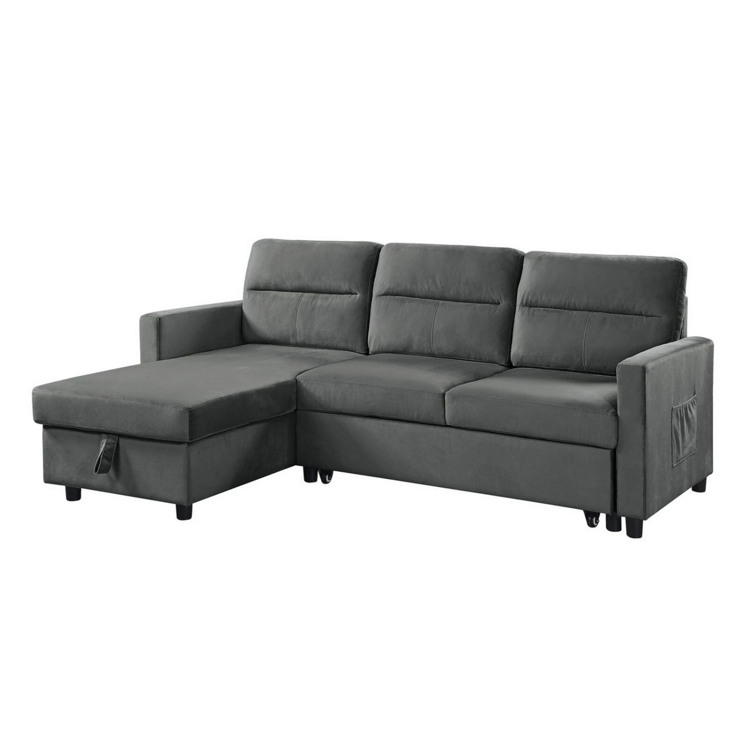 Ami 82 Inch Reversible Sleeper Sectional Sofa, Side Pocket, Gray Velvet-Benzara 3 Ami 82 Inch Reversible Sleeper Sectional Sofa, Side Pocket, Gray Velvet-Benzara