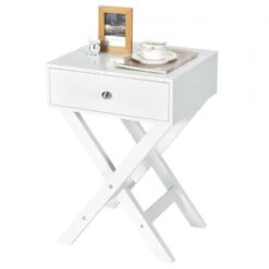 QuikFurn Retro White X-Shape 1 Drawer Nightstand Coffee Table