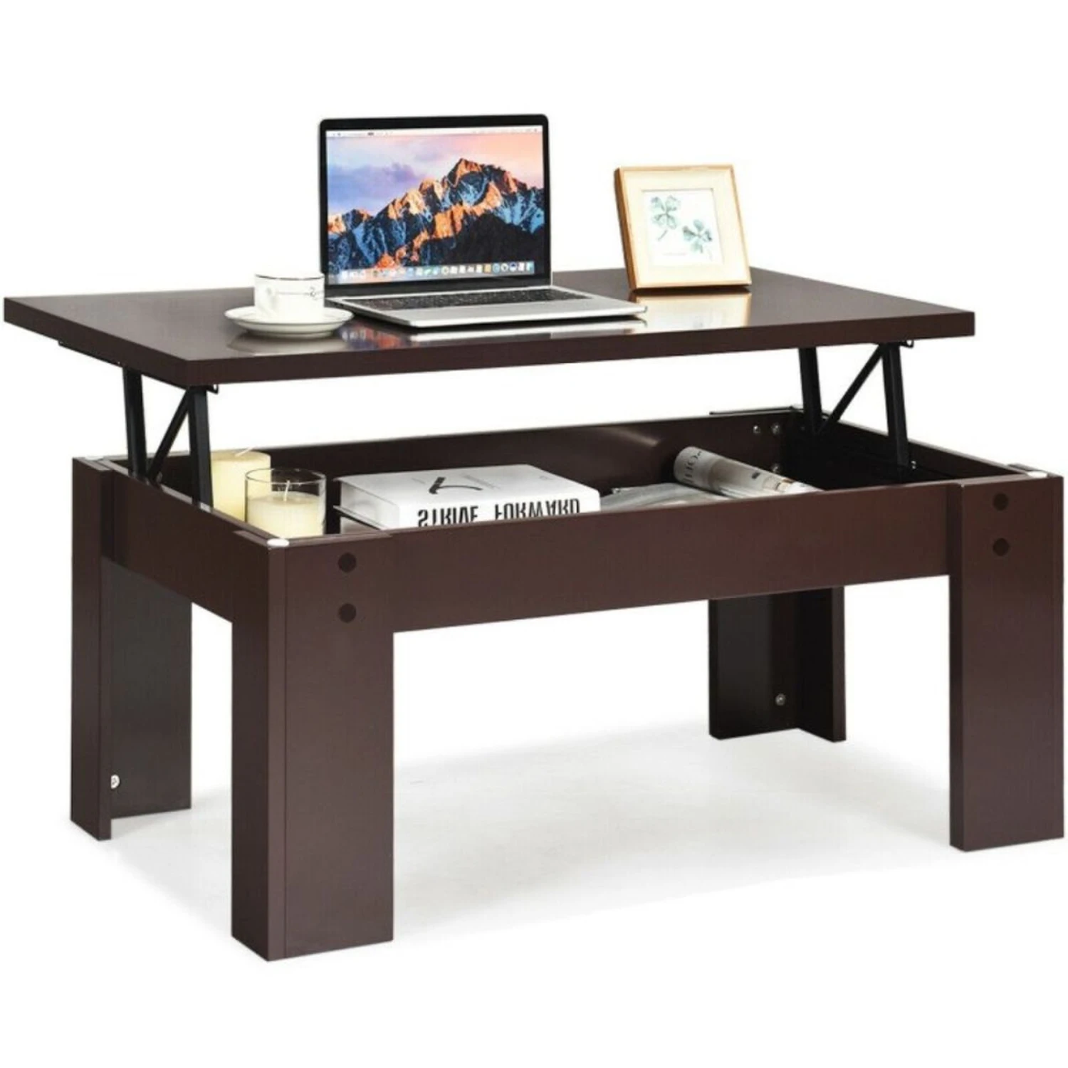 QuikFurn Farmhouse Lift-Top Coffee Table Laptop Desk In Espresso Brown Wood Finish 6 QuikFurn Farmhouse Lift-Top Coffee Table Laptop Desk In Espresso Brown Wood Finish - Image 4
