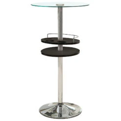 Round Bar Table With Tempered Glass Top And Storage, Black And Chrome-Benzara