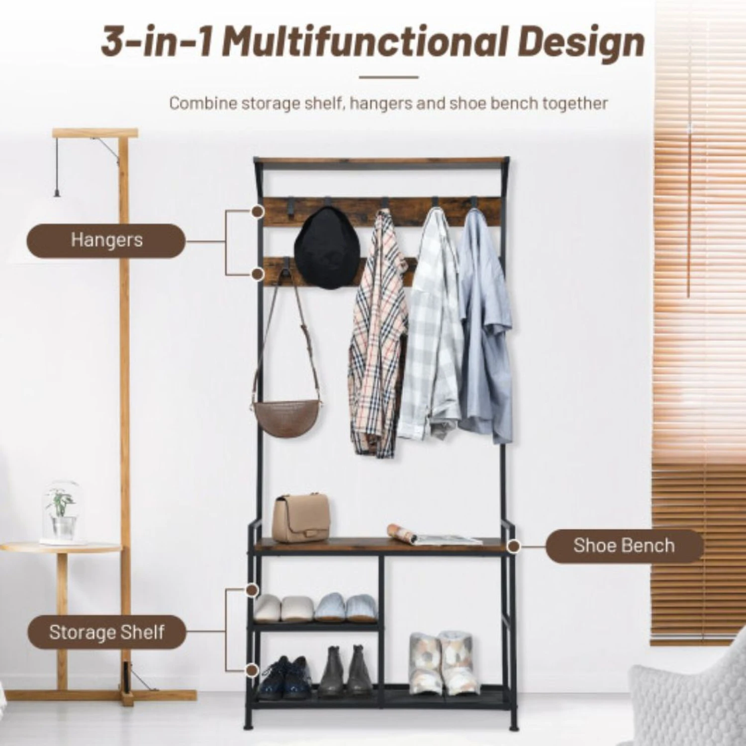 3-In-1 Coat Rack Stand With 9 Hooks Shoe Bench 4 3-In-1 Coat Rack Stand With 9 Hooks Shoe Bench - Image 2