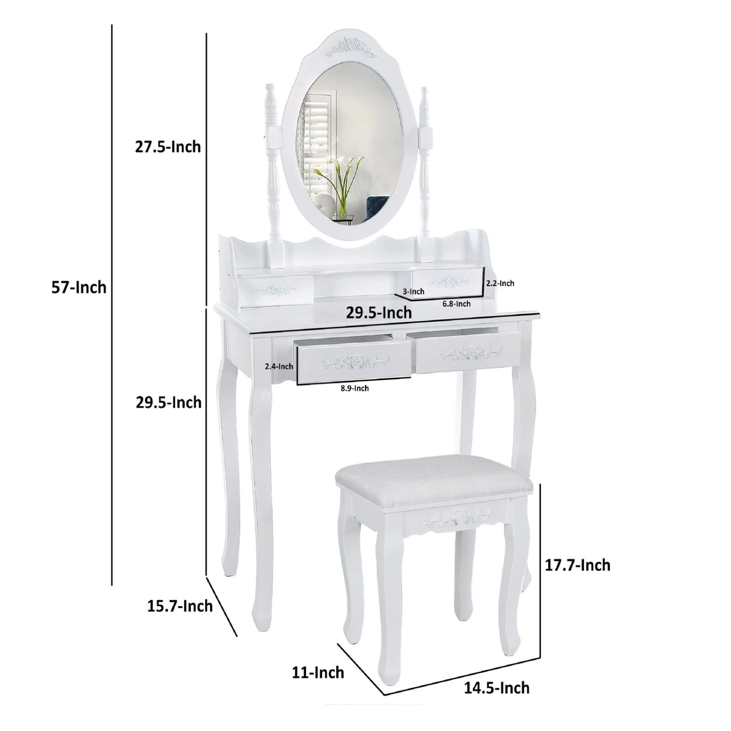Ren 30 Inch 3 Piece Vanity Desk Set With Rotating Mirror And Matching Stool, 4 Drawers, Pure White Solid Wood-Benzara 5 Ren 30 Inch 3 Piece Vanity Desk Set With Rotating Mirror And Matching Stool, 4 Drawers, Pure White Solid Wood-Benzara - Image 3