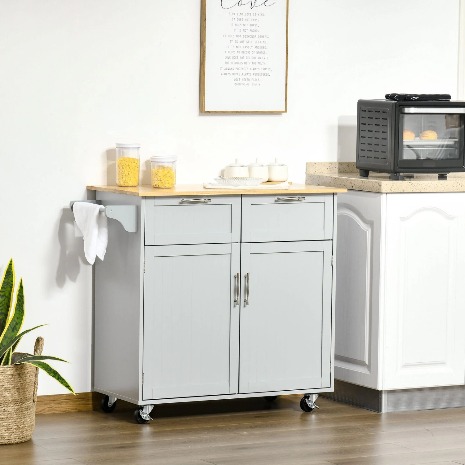 Rolling Kitchen Island Cart On Wheels, Portable Kitchen Island Cart With Metal Handle, With Towel Rack And Rubber Wood Top 4 Rolling Kitchen Island Cart On Wheels, Portable Kitchen Island Cart With Metal Handle, With Towel Rack And Rubber Wood Top - Image 2