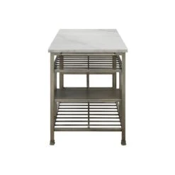 Marble Top Metal Kitchen Island With 2 Slated Shelves, Gray And White-Benzara 9 Marble Top Metal Kitchen Island With 2 Slated Shelves, Gray And White-Benzara -Home Furniture Shop 2cea9e85019c4db992c710ba80e2052a