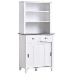 67" Freestanding Buffet With Hutch, Kitchen Cupboard Storage Cabinet With Sliding Doors, Drawers And Open Shelves, Adjustable Shelving, White