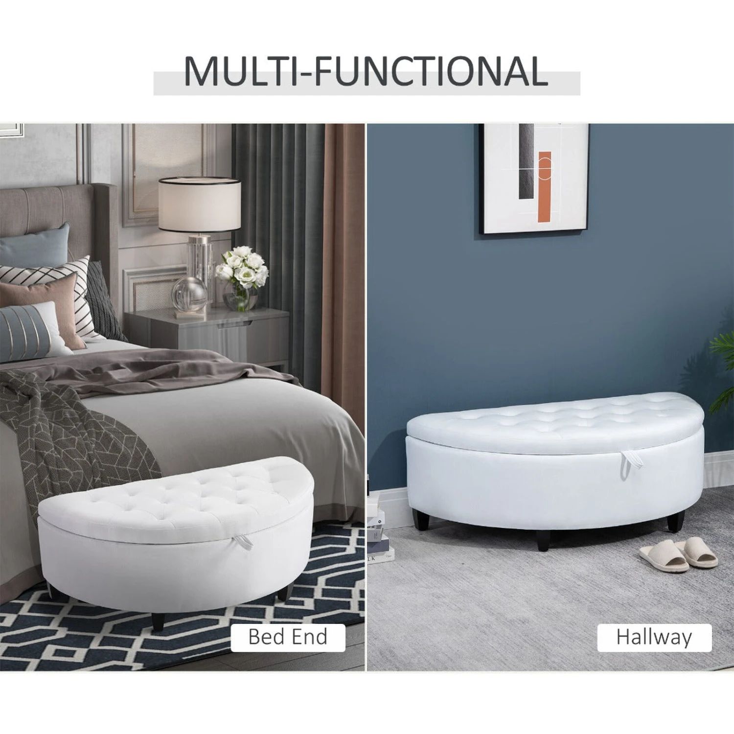 Half Moon Modern Luxurious Polyester Fabric Storage Ottoman Bench With Legs Lift Lid Thick Sponge Pad For Living Room, White 8 Half Moon Modern Luxurious Polyester Fabric Storage Ottoman Bench With Legs Lift Lid Thick Sponge Pad For Living Room, White - Image 6